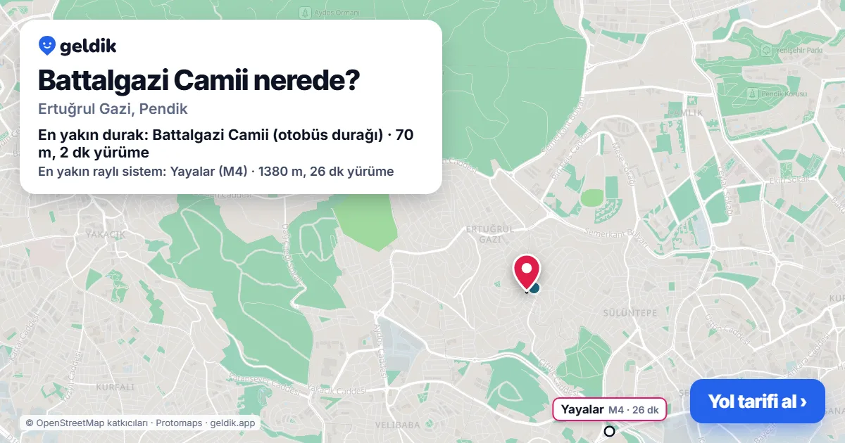 Battalgazi Camii nerede: haritada konumu ve en yakın duraklar, yürüme süreleriyle