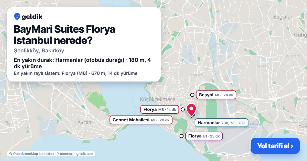BayMari Suites Florya Istanbul nerede: haritada konumu ve en yakın duraklar, yürüme süreleriyle