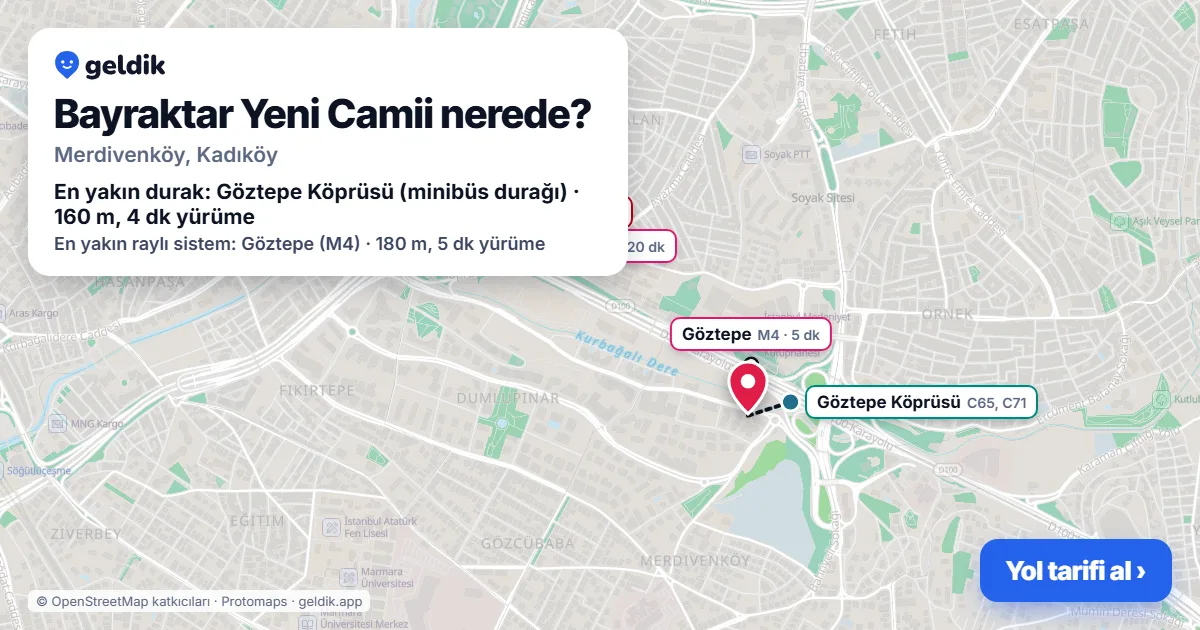 Bayraktar Yeni Camii nerede: haritada konumu ve en yakın duraklar, yürüme süreleriyle