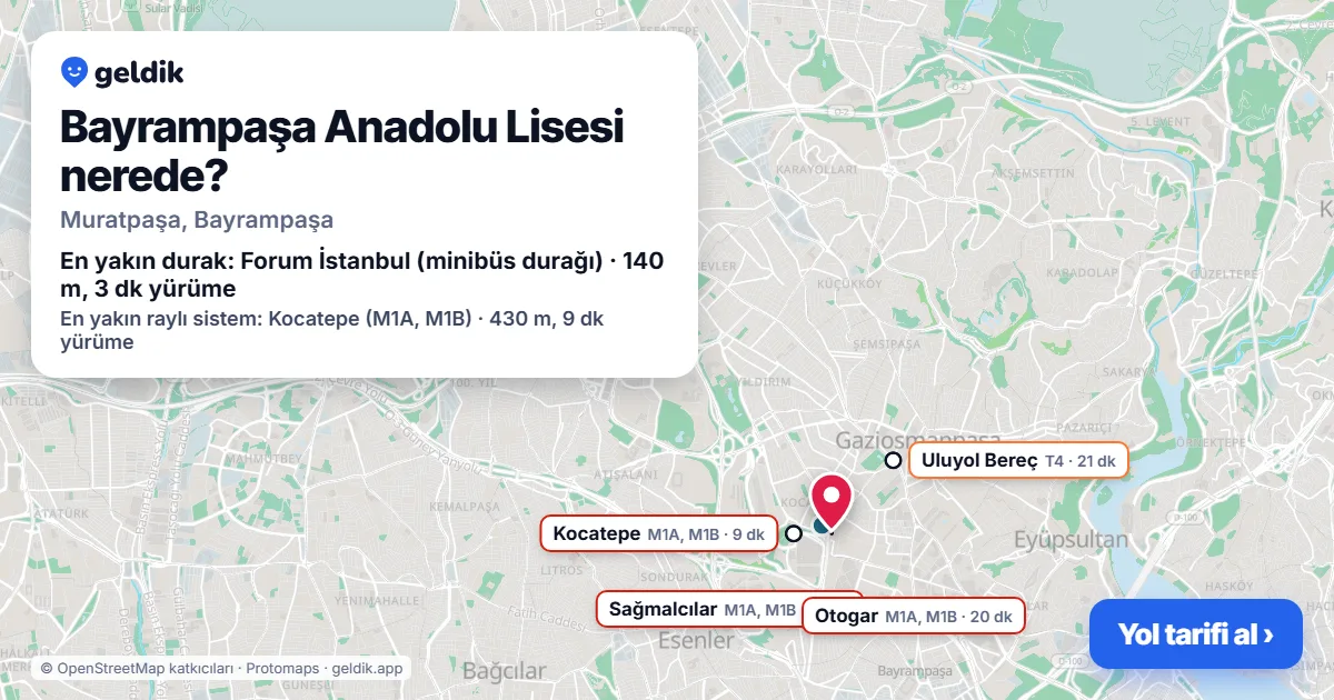 Bayrampaşa Anadolu Lisesi nerede: haritada konumu ve en yakın duraklar, yürüme süreleriyle