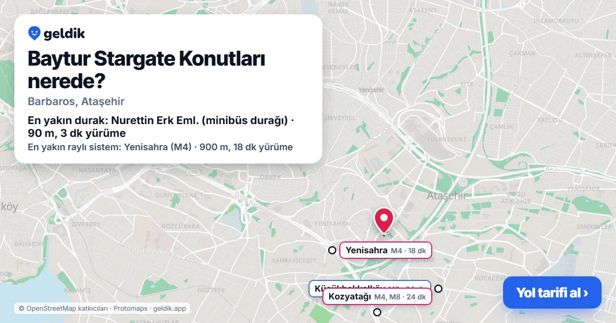 Baytur Stargate Konutları nerede: haritada konumu ve en yakın duraklar, yürüme süreleriyle