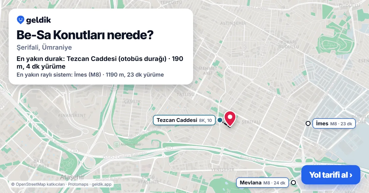 Where is Be-Sa Konutları: map with its location and the nearest stops, with walking times