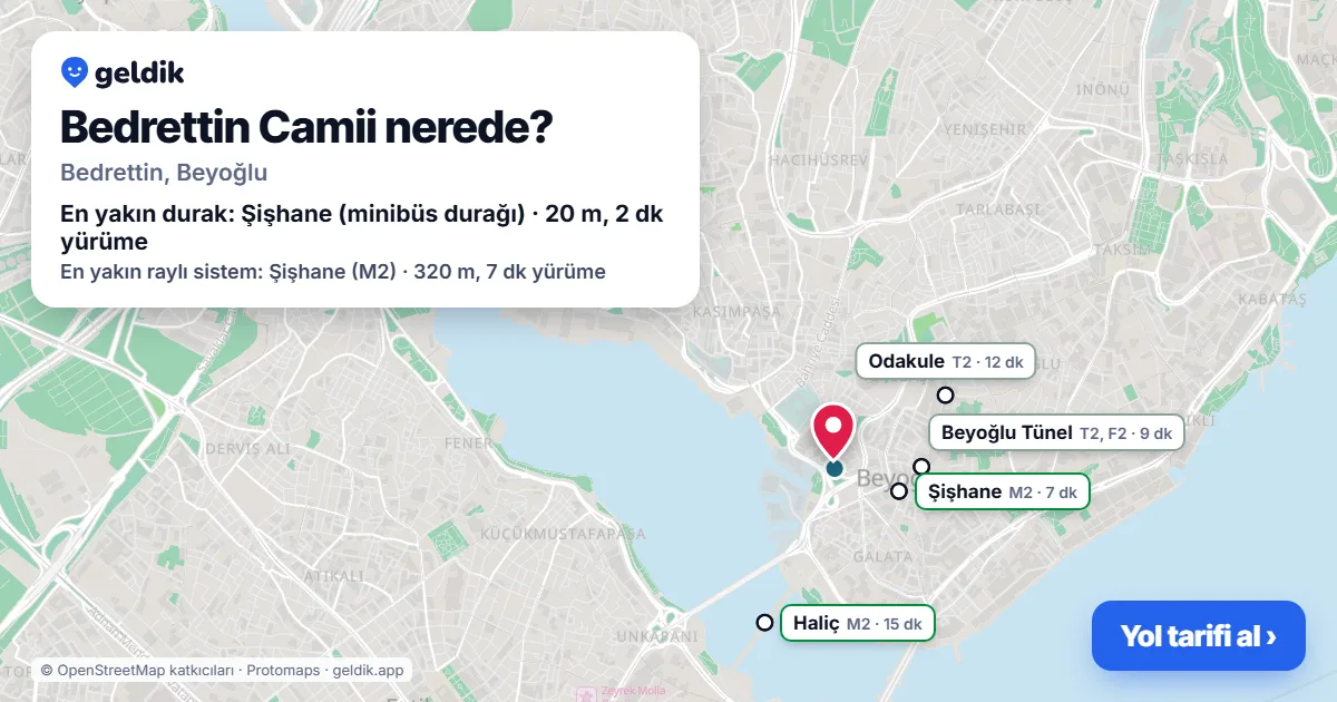 Bedrettin Camii nerede: haritada konumu ve en yakın duraklar, yürüme süreleriyle