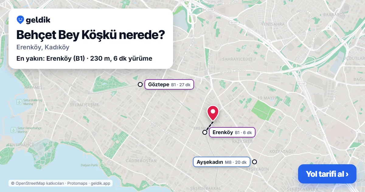 Behçet Bey Köşkü nerede: haritada konumu ve en yakın duraklar, yürüme süreleriyle