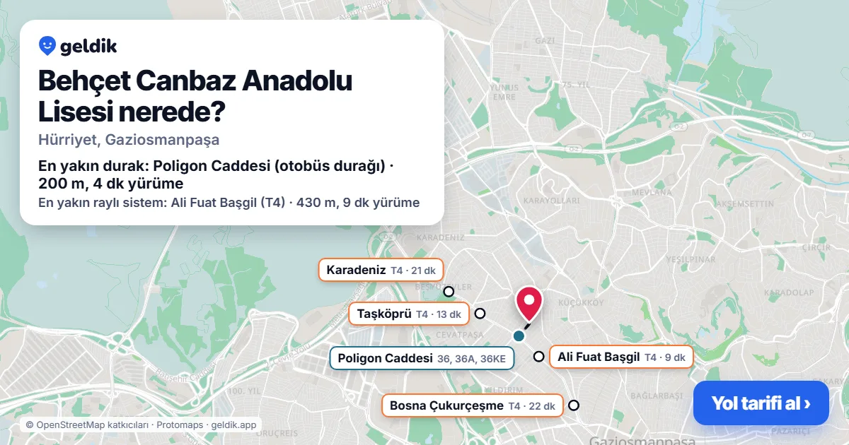 Where is Behçet Canbaz Anadolu Lisesi: map with its location and the nearest stops, with walking times