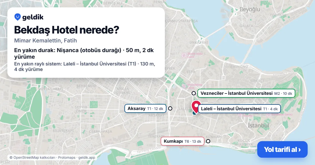 Where is Bekdaş Hotel: map with its location and the nearest stops, with walking times