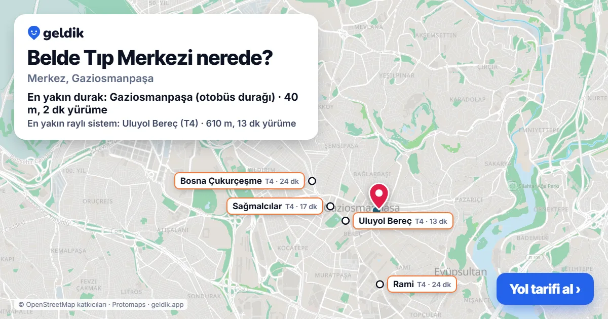 Where is Belde Tıp Merkezi: map with its location and the nearest stops, with walking times