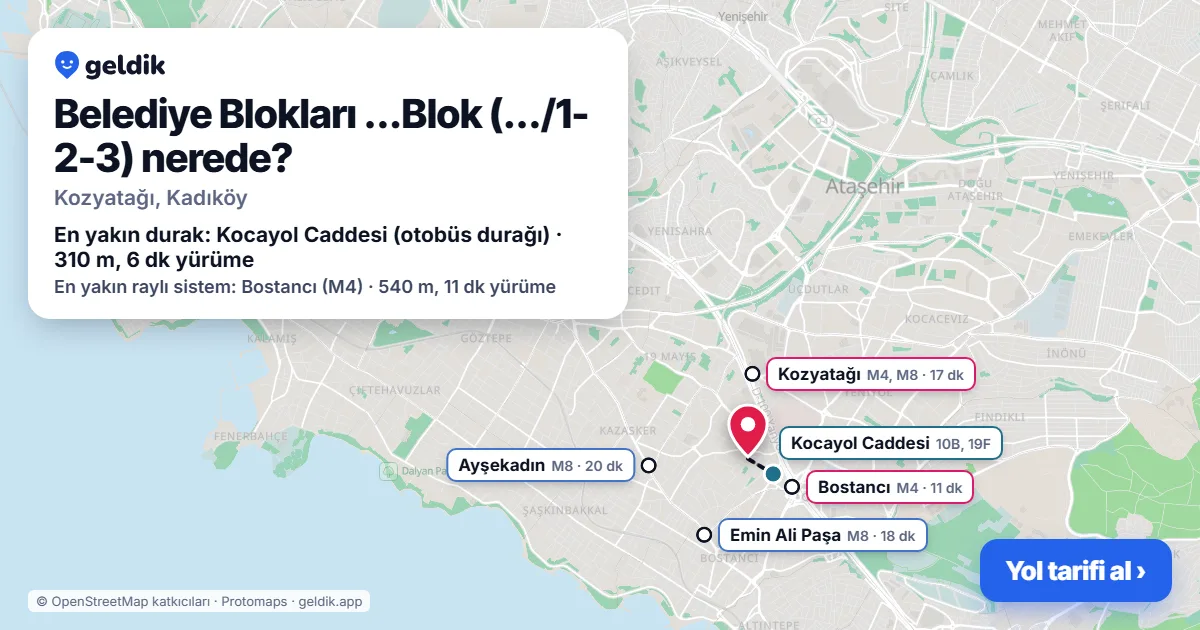 Where is Belediye Blokları ...Blok (.../1-2-3): map with its location and the nearest stops, with walking times