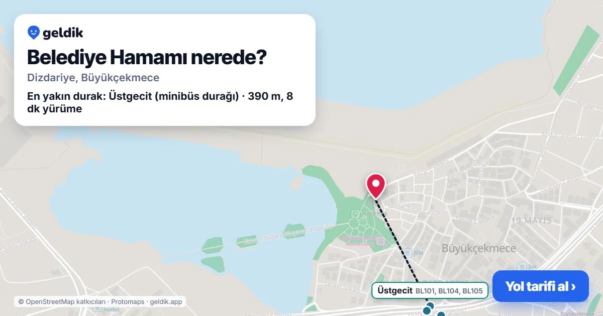 Where is Belediye Hamamı: map with its location and the nearest stops, with walking times