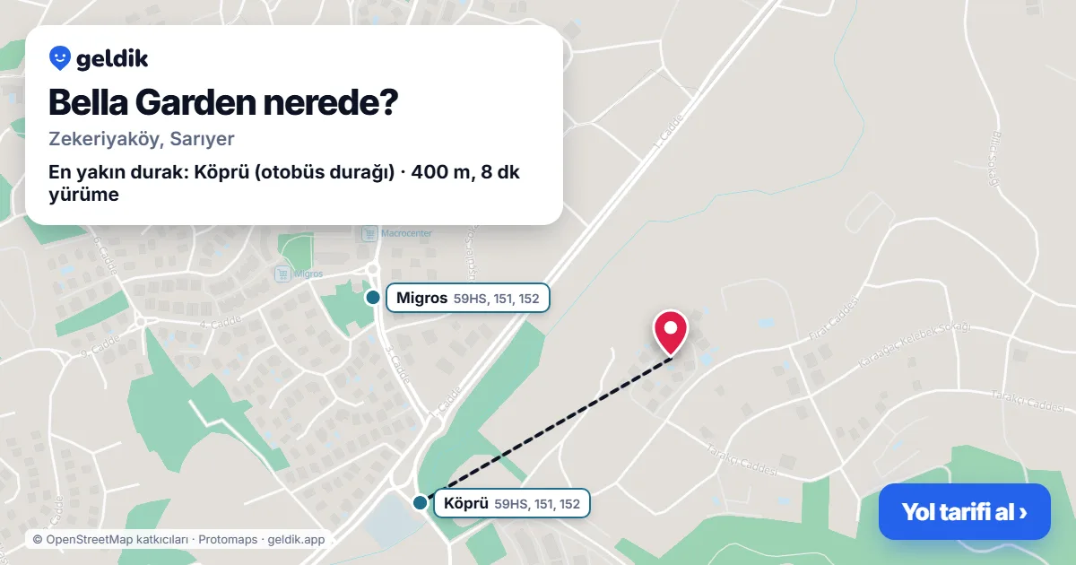 Where is Bella Garden: map with its location and the nearest stops, with walking times