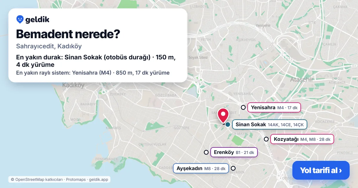 Bemadent nerede: haritada konumu ve en yakın duraklar, yürüme süreleriyle