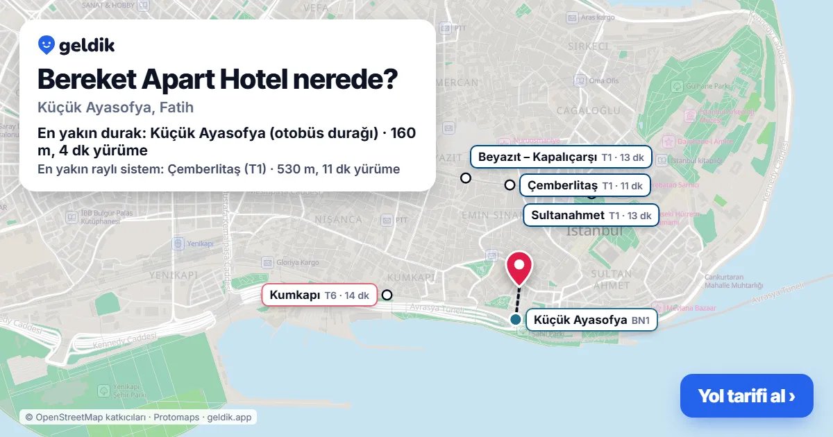 Bereket Apart Hotel nerede: haritada konumu ve en yakın duraklar, yürüme süreleriyle