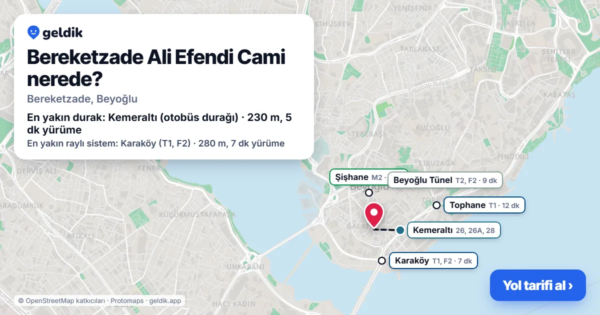 Bereketzade Ali Efendi Cami nerede: haritada konumu ve en yakın duraklar, yürüme süreleriyle