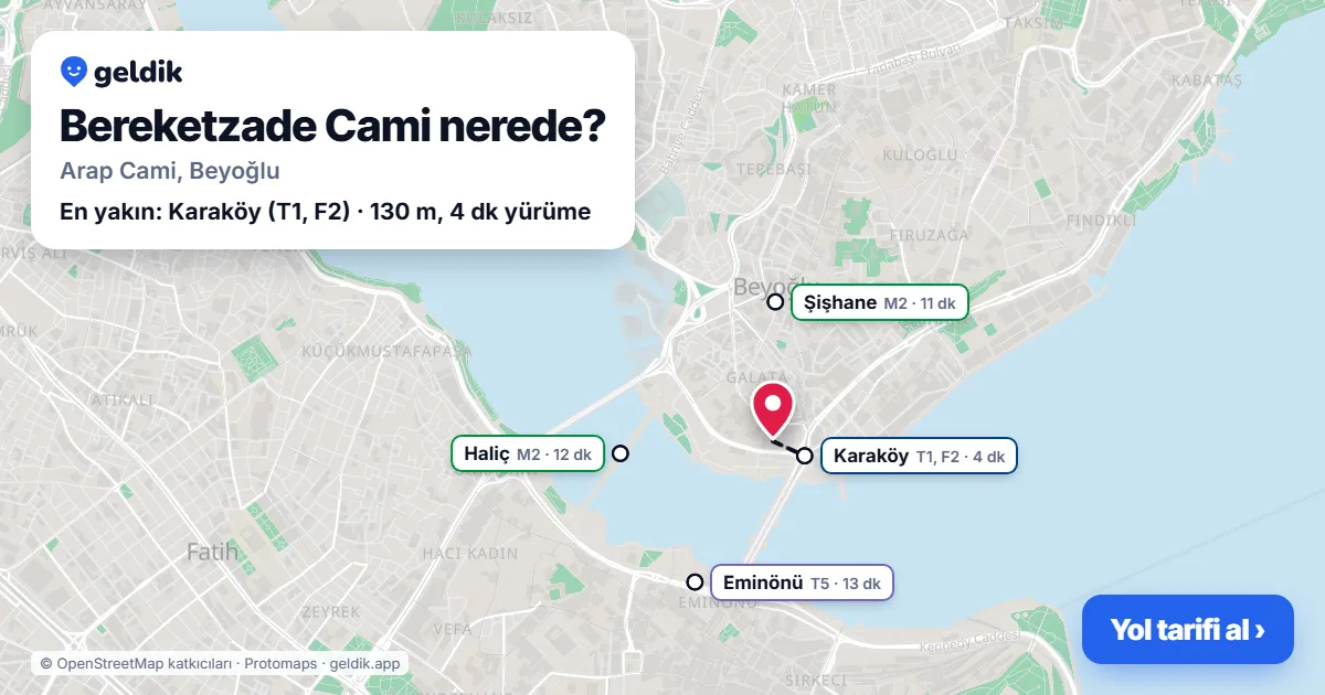 Where is Bereketzade Cami: map with its location and the nearest stops, with walking times