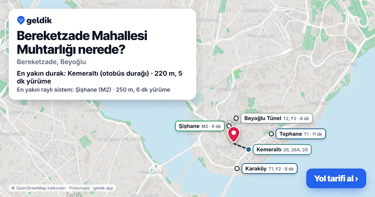 Bereketzade Mahallesi Muhtarlığı nerede: haritada konumu ve en yakın duraklar, yürüme süreleriyle