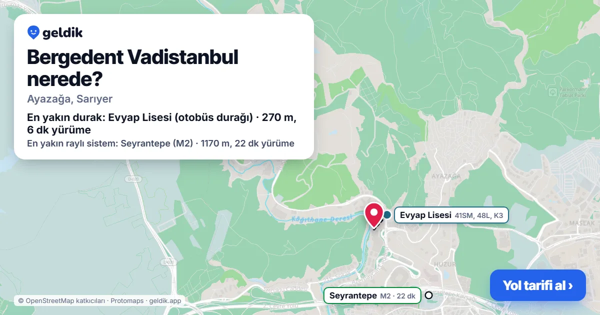 Bergedent Vadistanbul nerede: haritada konumu ve en yakın duraklar, yürüme süreleriyle