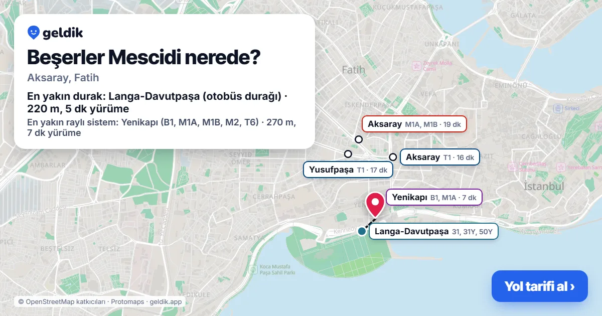 Where is Beşerler Mescidi: map with its location and the nearest stops, with walking times