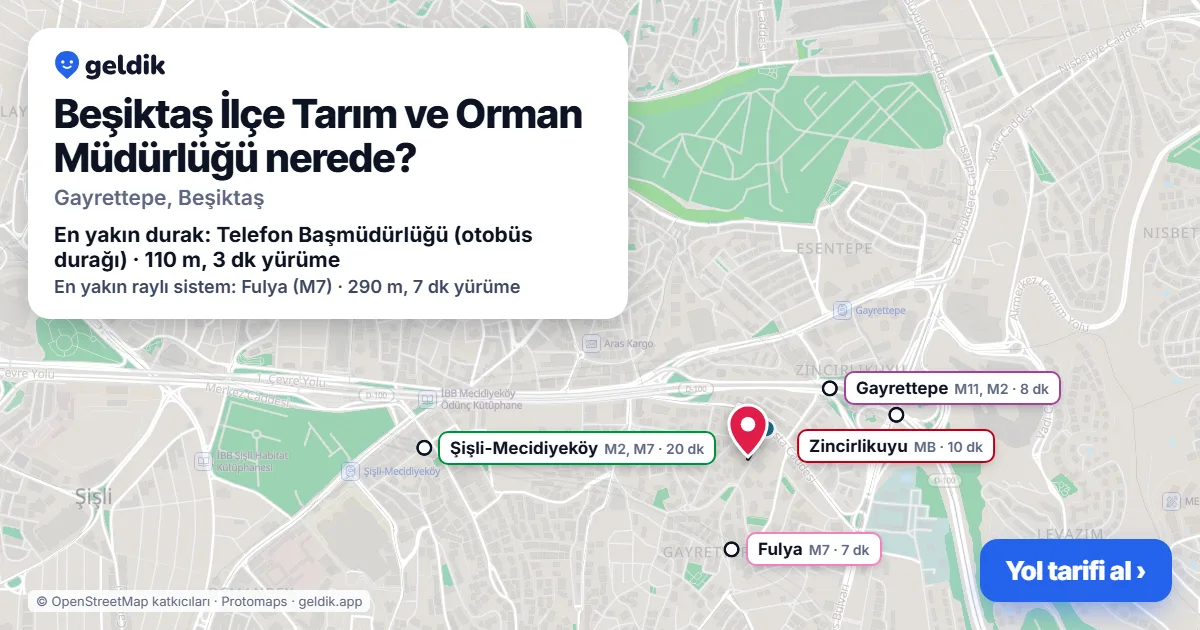 Where is Beşiktaş İlçe Tarım ve Orman Müdürlüğü: map with its location and the nearest stops, with walking times