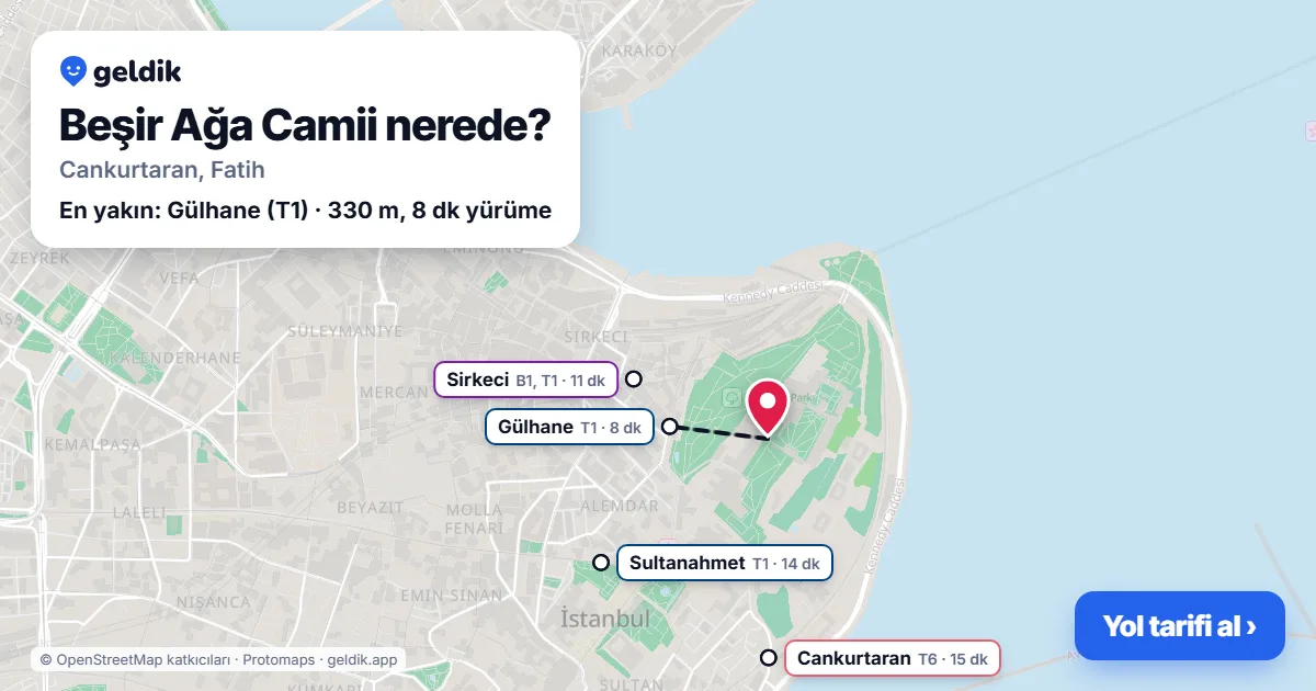 Beşir Ağa Camii nerede: haritada konumu ve en yakın duraklar, yürüme süreleriyle