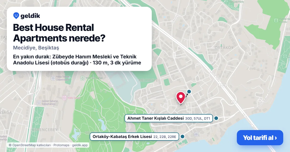 Best House Rental Apartments nerede: haritada konumu ve en yakın duraklar, yürüme süreleriyle