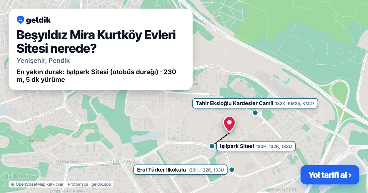 Beşyıldız Mira Kurtköy Evleri Sitesi nerede: haritada konumu ve en yakın duraklar, yürüme süreleriyle