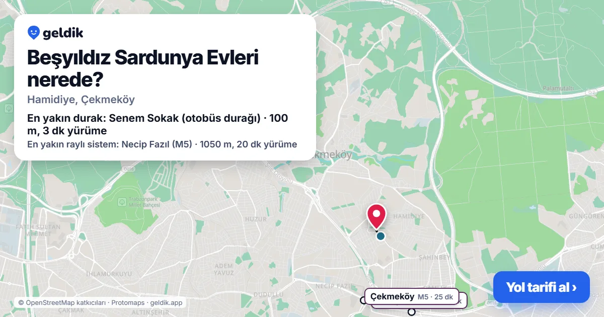 Beşyıldız Sardunya Evleri nerede: haritada konumu ve en yakın duraklar, yürüme süreleriyle