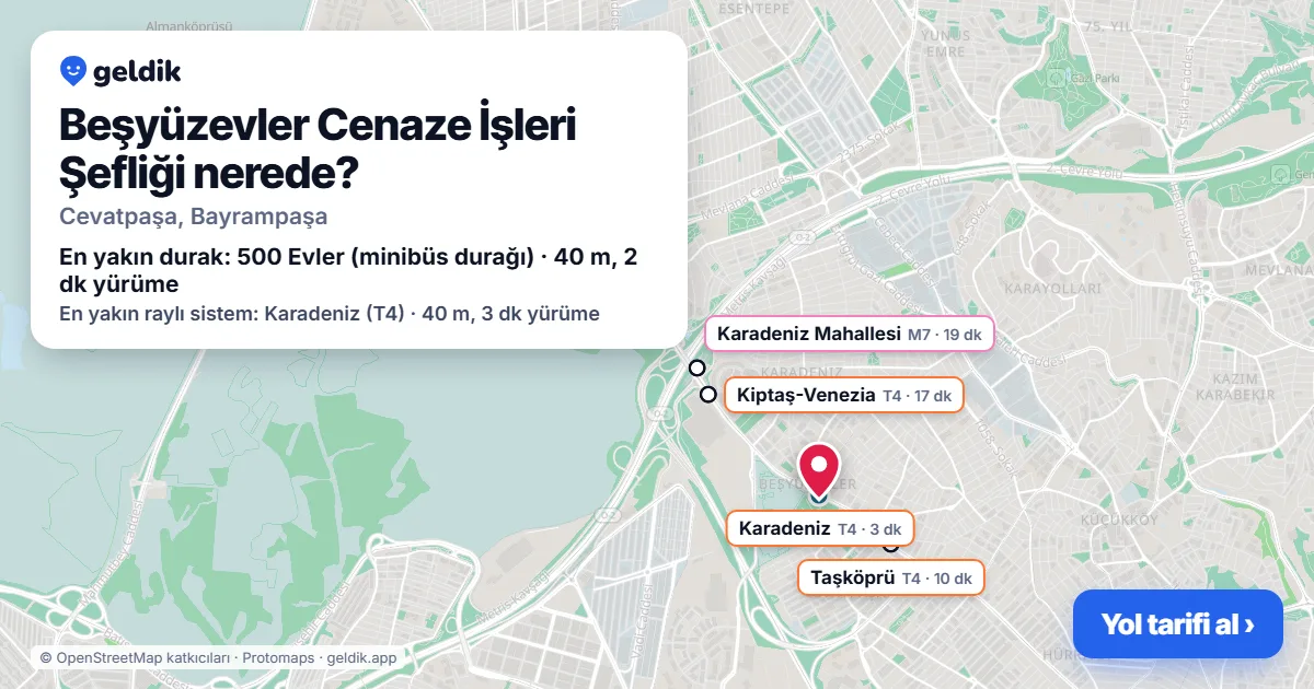 Beşyüzevler Cenaze İşleri Şefliği nerede: haritada konumu ve en yakın duraklar, yürüme süreleriyle