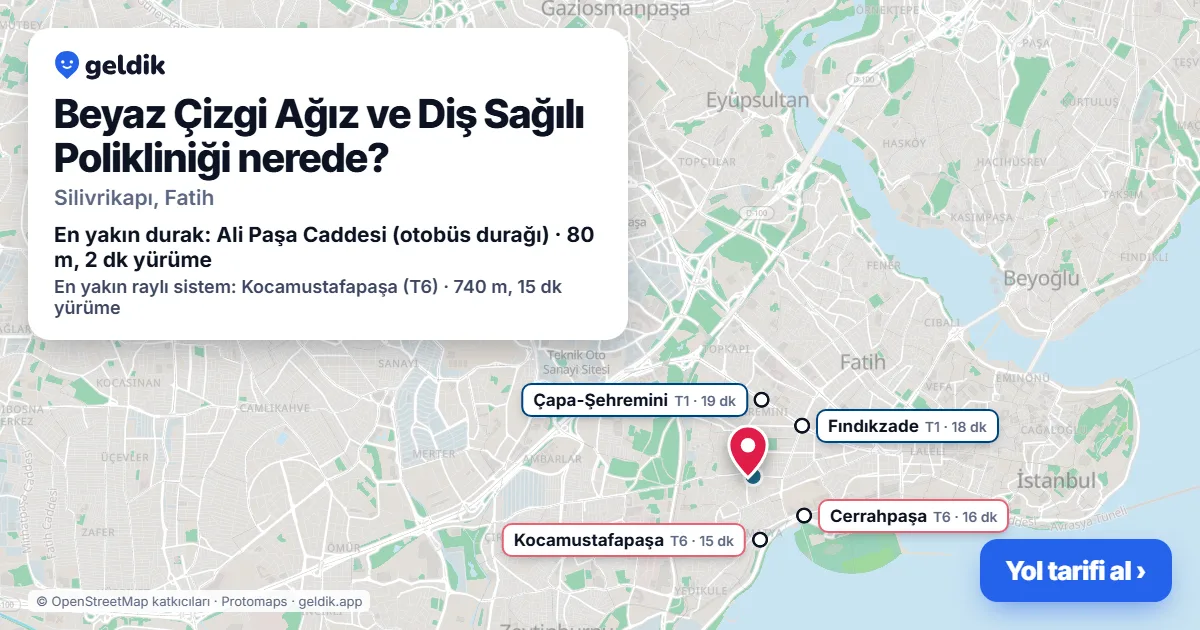 Beyaz Çizgi Ağız ve Diş Sağılı Polikliniği nerede: haritada konumu ve en yakın duraklar, yürüme süreleriyle