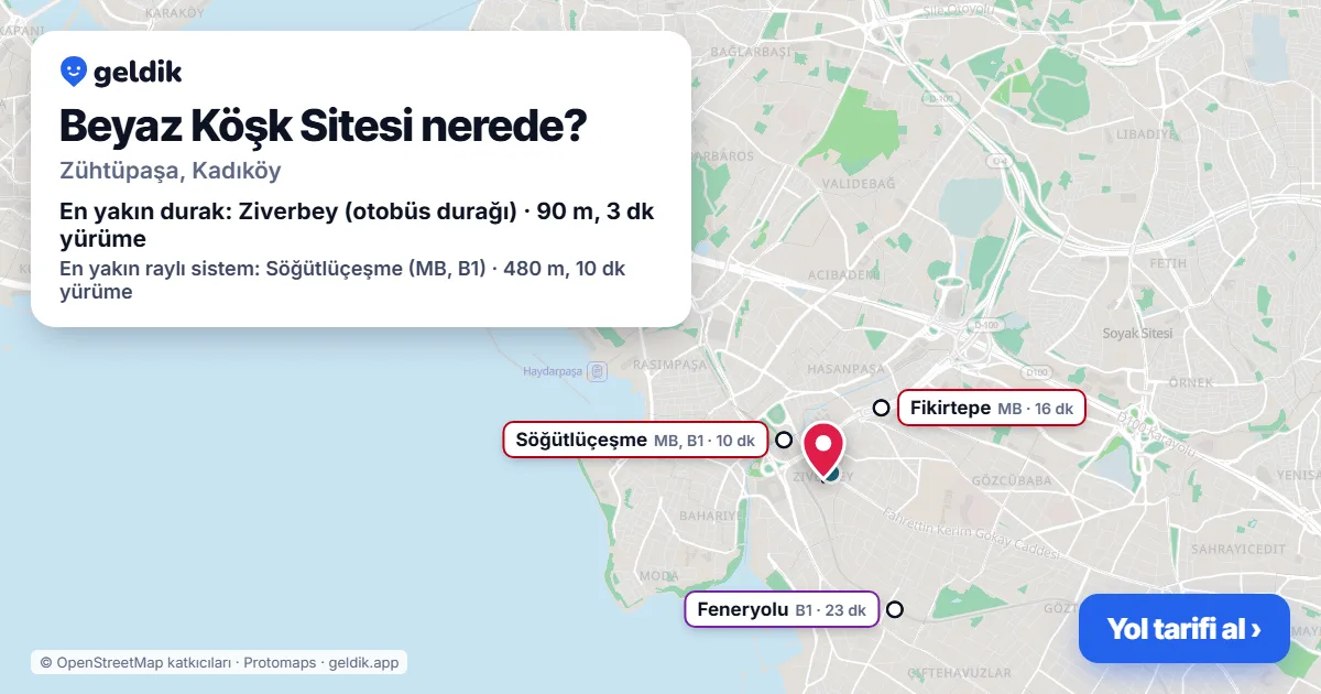 Beyaz Köşk Sitesi nerede: haritada konumu ve en yakın duraklar, yürüme süreleriyle