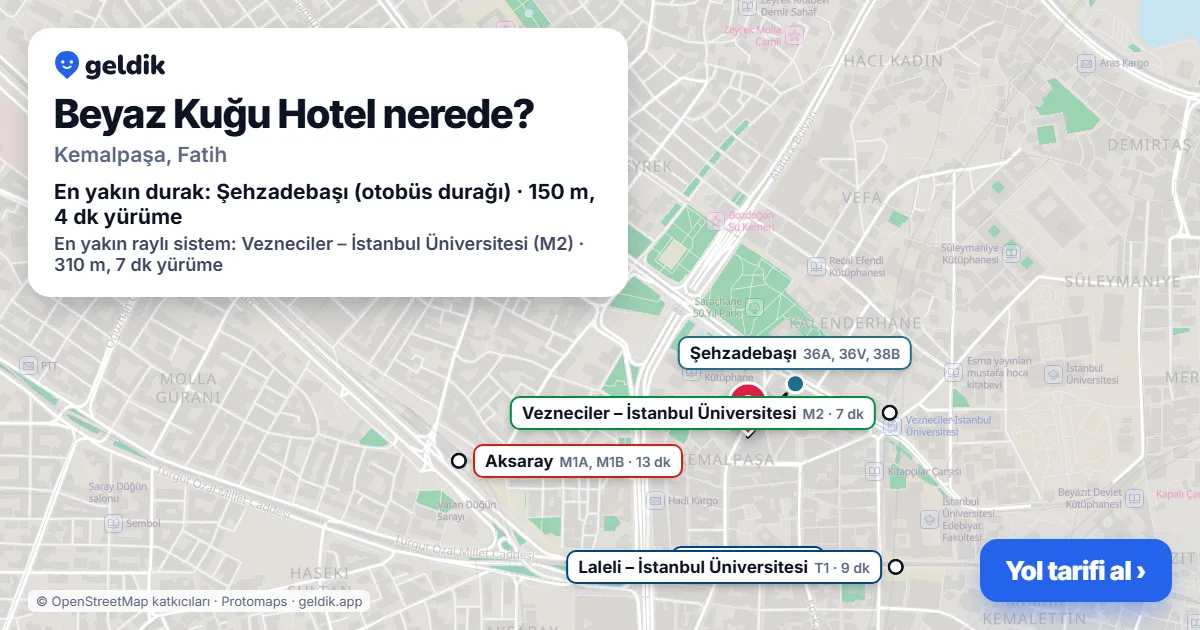 Beyaz Kuğu Hotel nerede: haritada konumu ve en yakın duraklar, yürüme süreleriyle