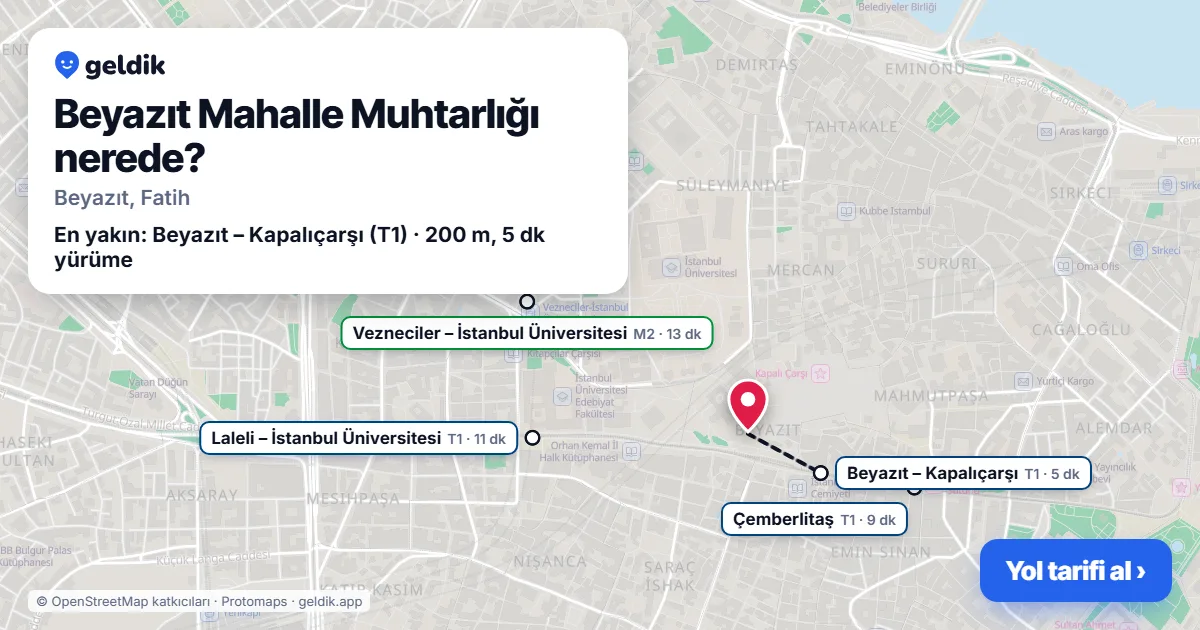 Where is Beyazıt Mahalle Muhtarlığı: map with its location and the nearest stops, with walking times
