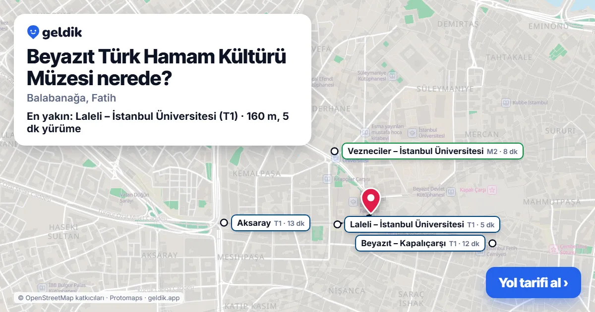 Beyazıt Türk Hamam Kültürü Müzesi nerede: haritada konumu ve en yakın duraklar, yürüme süreleriyle