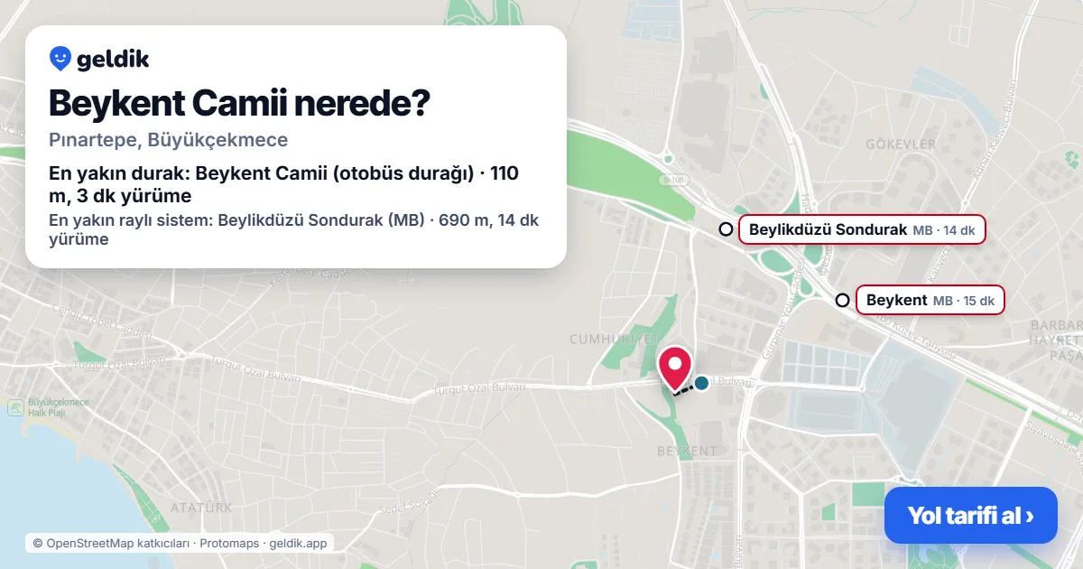 Beykent Camii nerede: haritada konumu ve en yakın duraklar, yürüme süreleriyle