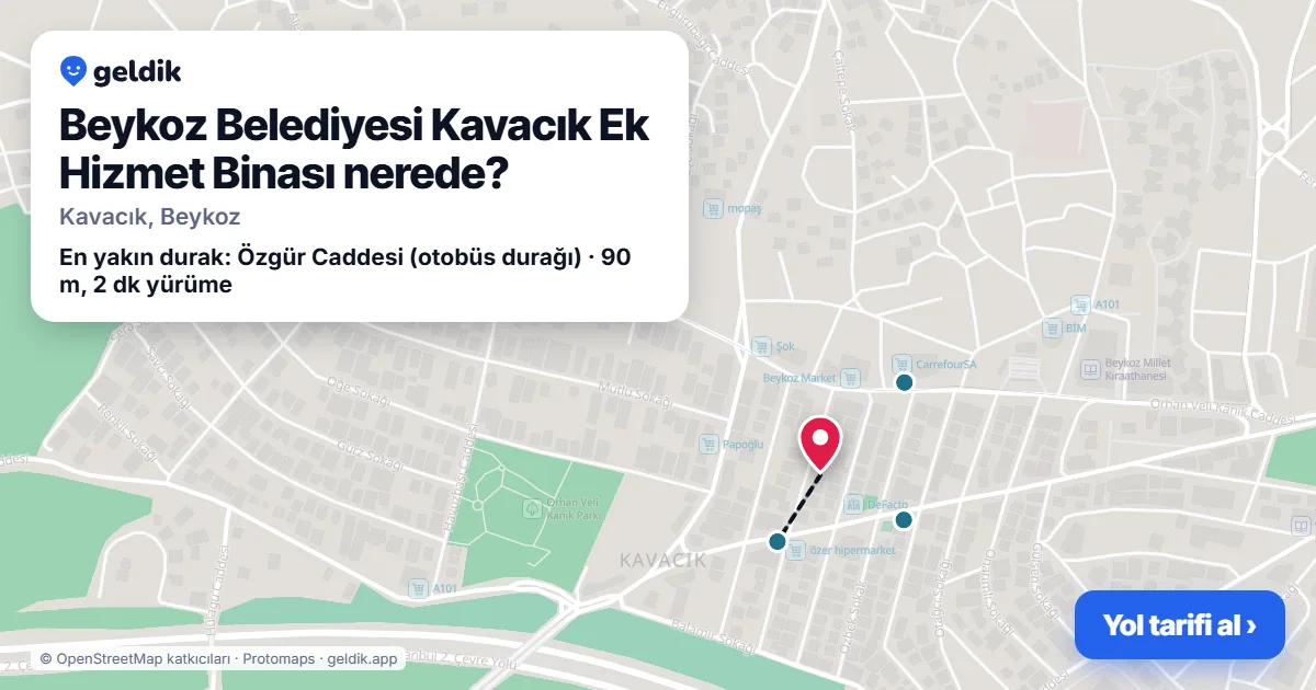 Where is Beykoz Belediyesi Kavacık Ek Hizmet Binası: map with its location and the nearest stops, with walking times