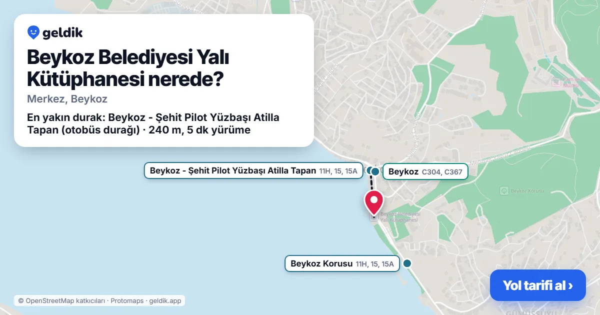 Beykoz Belediyesi Yalı Kütüphanesi nerede: haritada konumu ve en yakın duraklar, yürüme süreleriyle