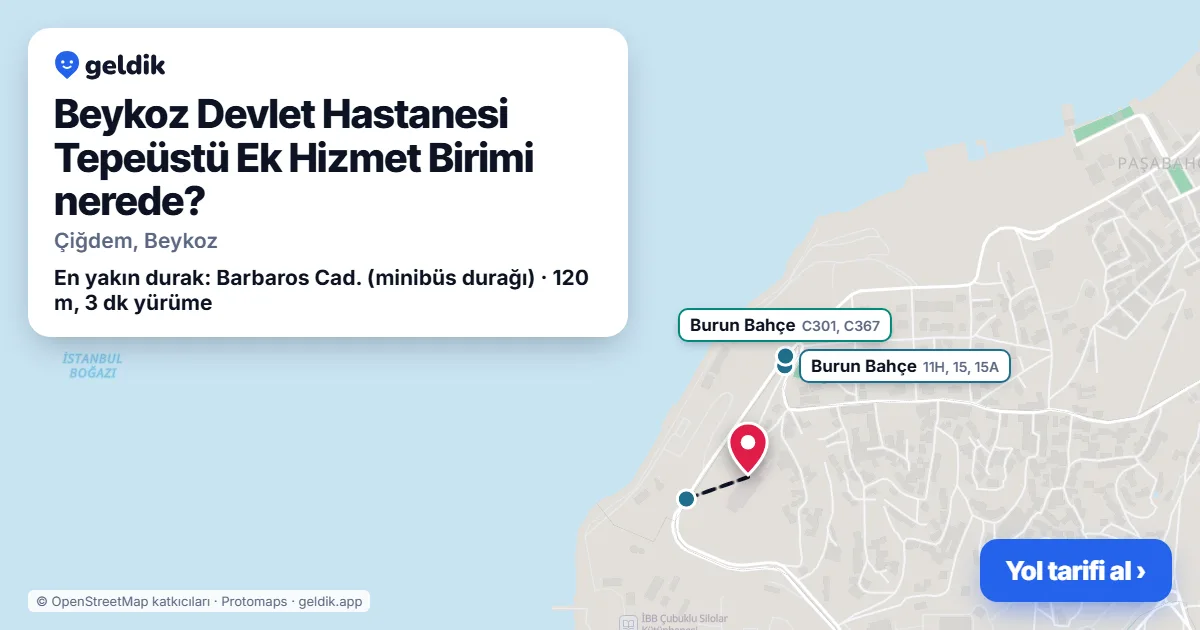 Beykoz Devlet Hastanesi Tepeüstü Ek Hizmet Birimi nerede: haritada konumu ve en yakın duraklar, yürüme süreleriyle