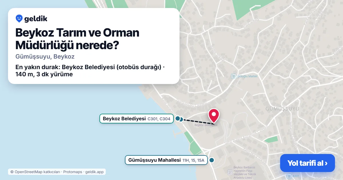 Where is Beykoz Tarım ve Orman Müdürlüğü: map with its location and the nearest stops, with walking times