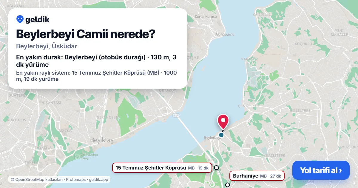 Beylerbeyi Camii nerede: haritada konumu ve en yakın duraklar, yürüme süreleriyle