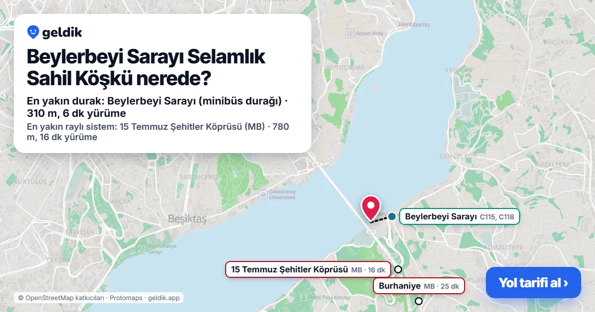 Beylerbeyi Sarayı Selamlık Sahil Köşkü nerede: haritada konumu ve en yakın duraklar, yürüme süreleriyle