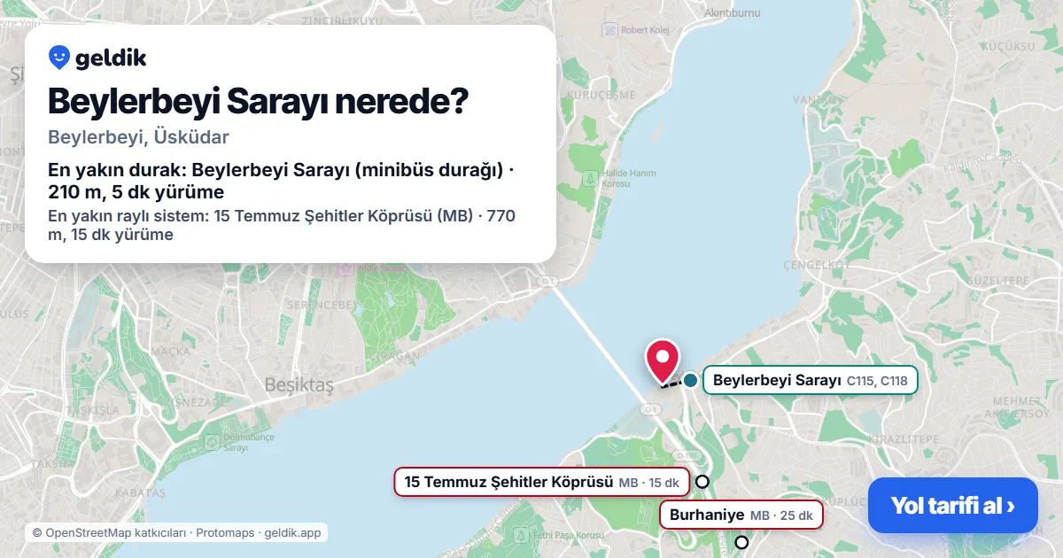 Beylerbeyi Sarayı nerede: haritada konumu ve en yakın duraklar, yürüme süreleriyle