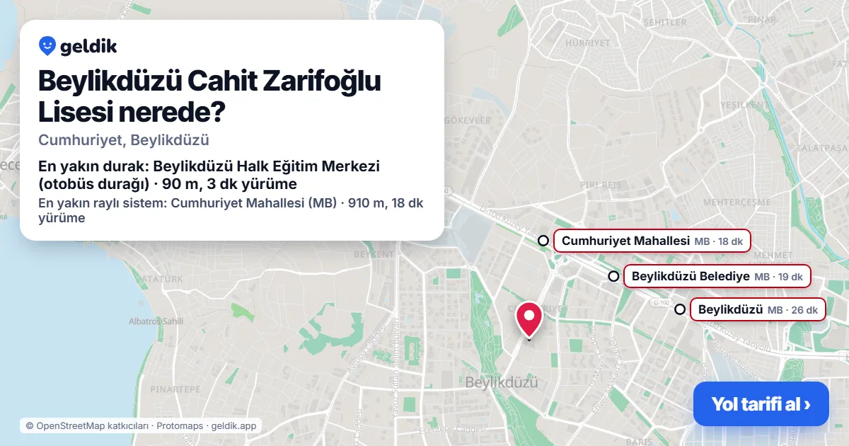 Beylikdüzü Cahit Zarifoğlu Lisesi nerede: haritada konumu ve en yakın duraklar, yürüme süreleriyle