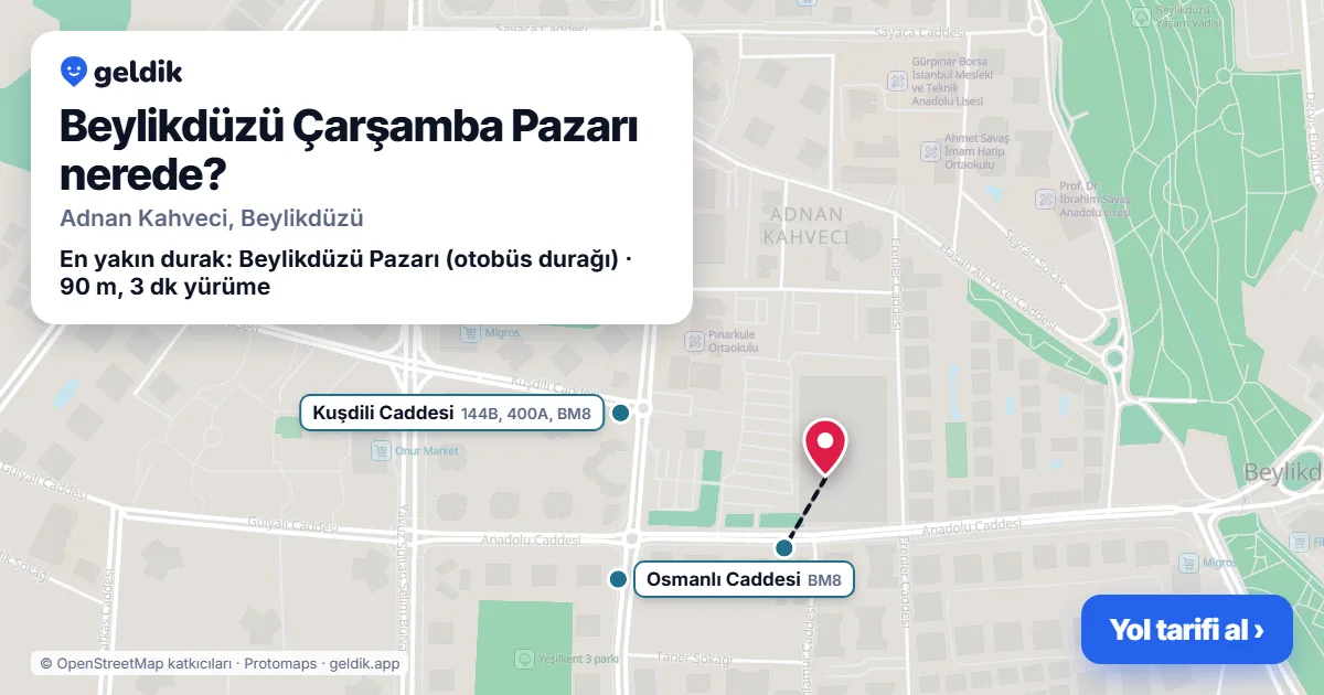 Beylikdüzü Çarşamba Pazarı nerede: haritada konumu ve en yakın duraklar, yürüme süreleriyle