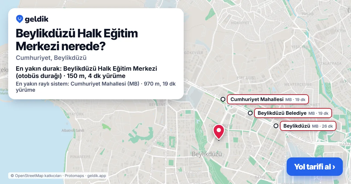 Where is Beylikdüzü Halk Eğitim Merkezi: map with its location and the nearest stops, with walking times