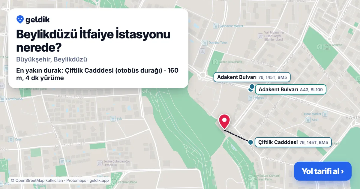 Beylikdüzü İtfaiye İstasyonu nerede: haritada konumu ve en yakın duraklar, yürüme süreleriyle