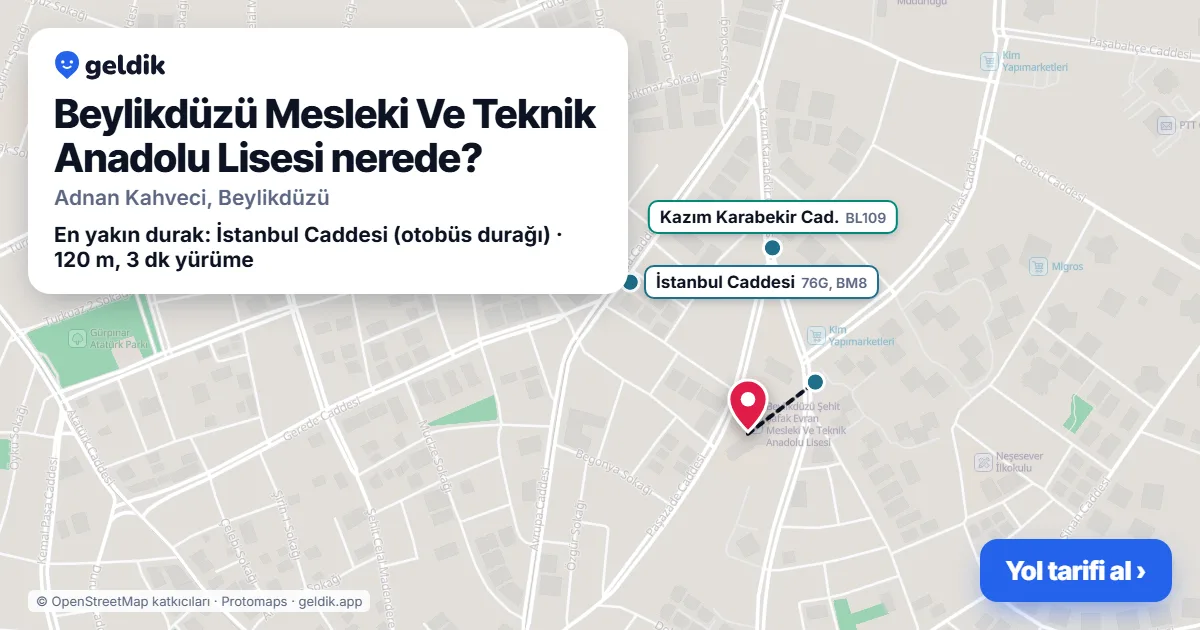 Beylikdüzü Mesleki Ve Teknik Anadolu Lisesi nerede: haritada konumu ve en yakın duraklar, yürüme süreleriyle