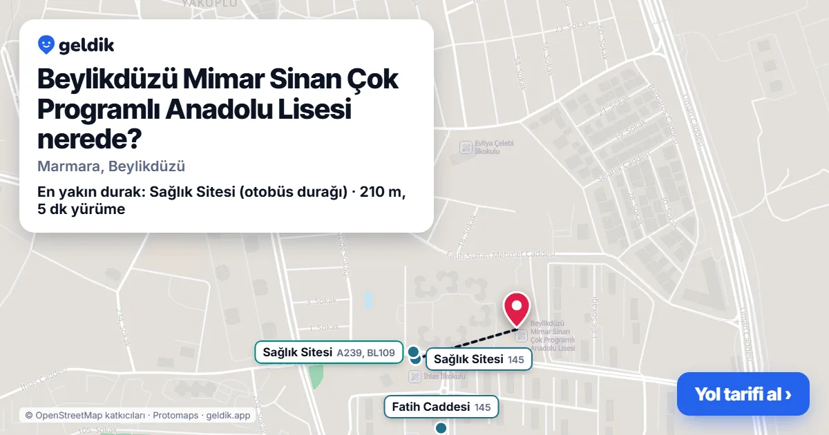 Beylikdüzü Mimar Sinan Çok Programlı Anadolu Lisesi nerede: haritada konumu ve en yakın duraklar, yürüme süreleriyle