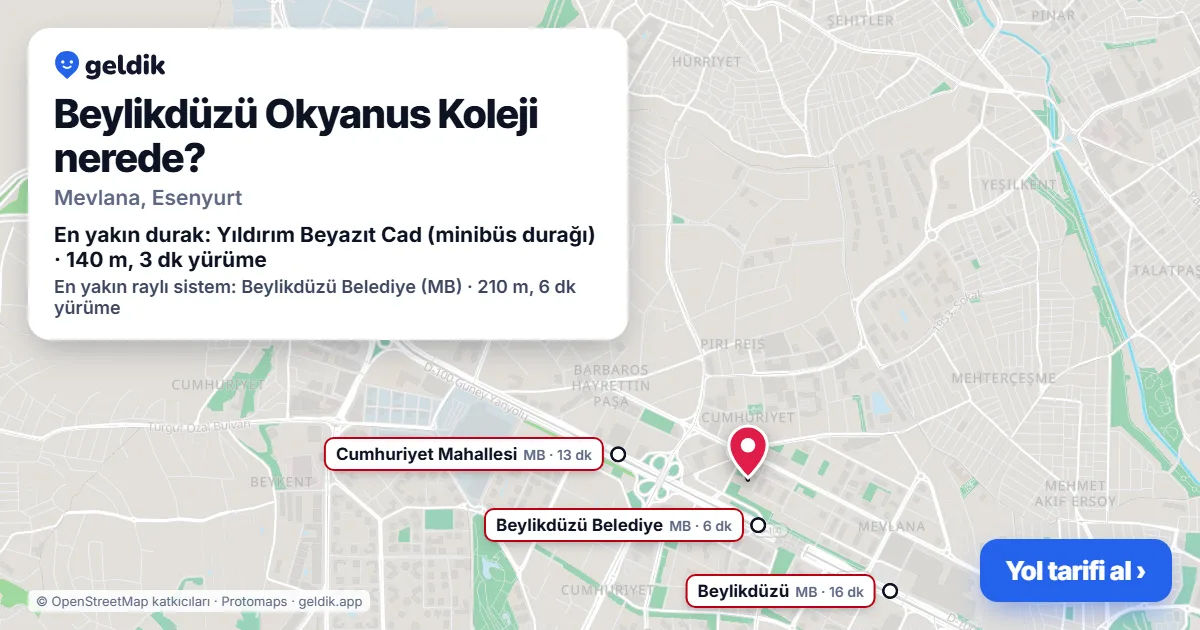 Beylikdüzü Okyanus Koleji nerede: haritada konumu ve en yakın duraklar, yürüme süreleriyle
