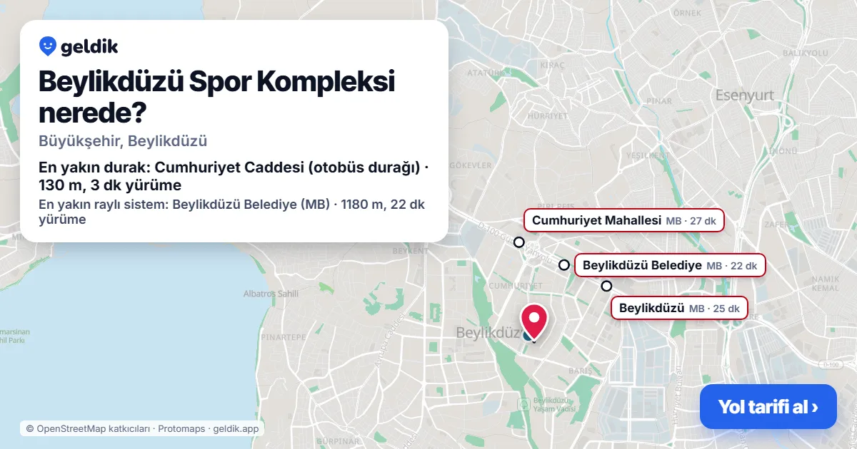 Where is Beylikdüzü Spor Kompleksi: map with its location and the nearest stops, with walking times