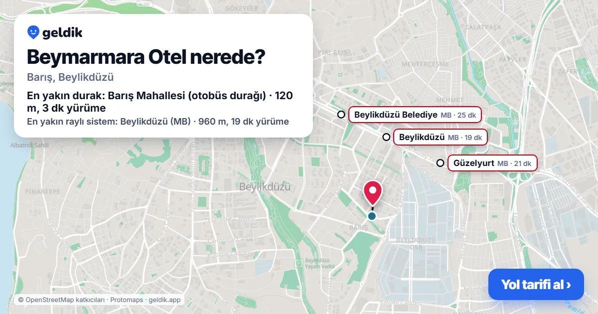 Where is Beymarmara Otel: map with its location and the nearest stops, with walking times