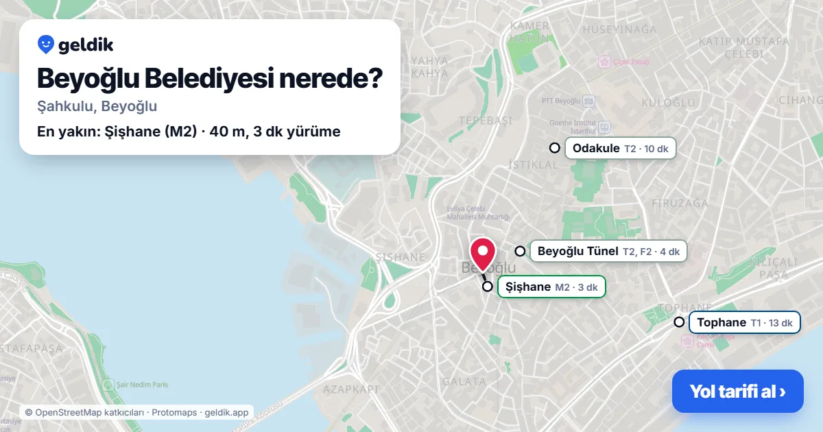 Beyoğlu Belediyesi nerede: haritada konumu ve en yakın duraklar, yürüme süreleriyle